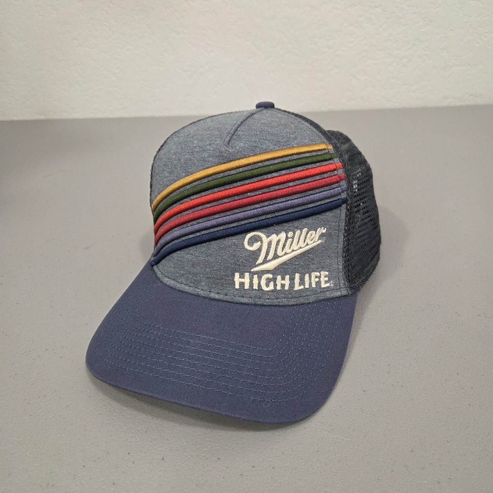 Miller High Life Mens Blue Gray Trucker Hat OSFM Rainbow Stripe Snapback Mesh